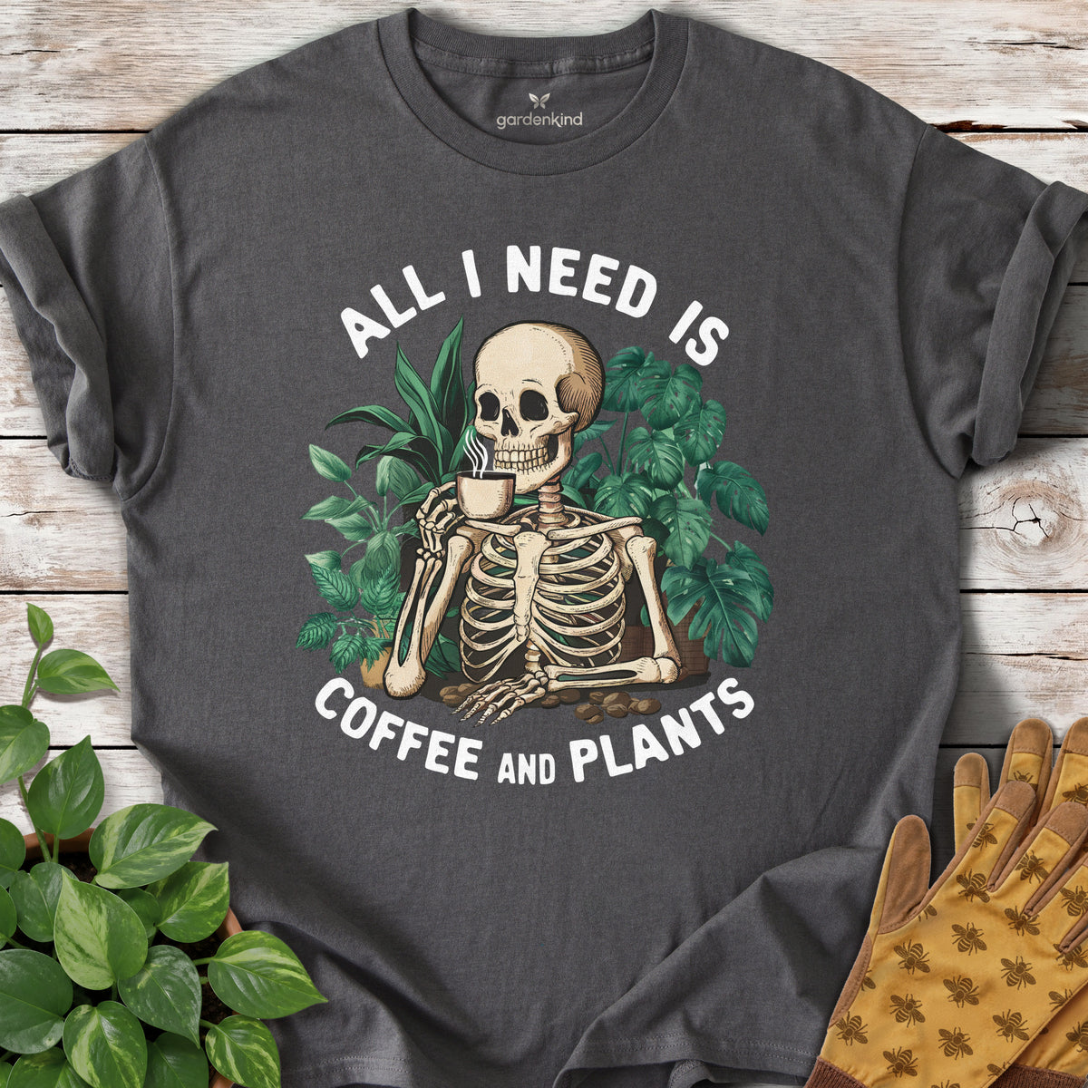 All I Need is Coffee and Plants Tee, Charcoal