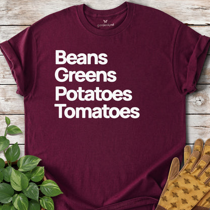 Beans Greens Potatoes Tomatoes Tee, Maroon