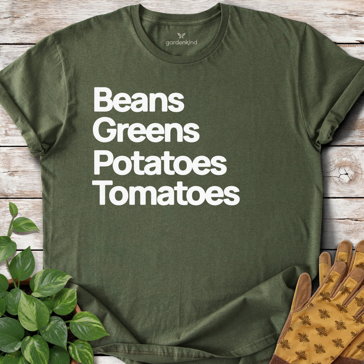 Beans Greens Potatoes Tomatoes Tee, Military Green