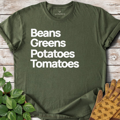 Beans Greens Potatoes Tomatoes Tee, Military Green