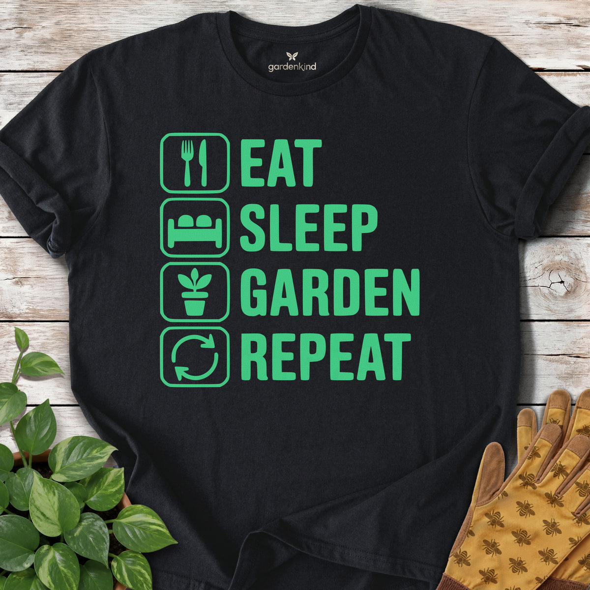 Eat. Sleep. Garden. Repeat. Tee, Black