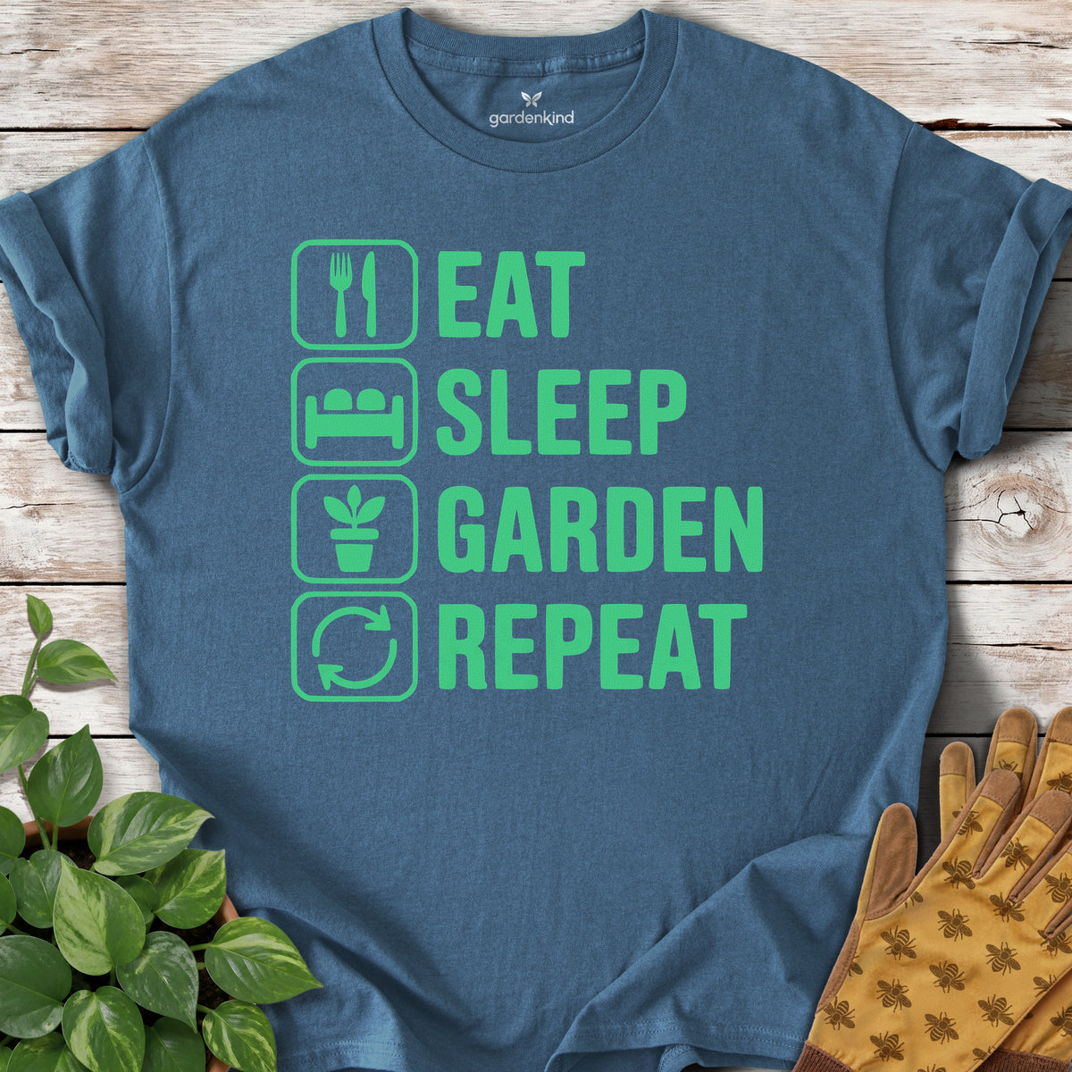Eat. Sleep. Garden. Repeat. Tee, Indigo Blue