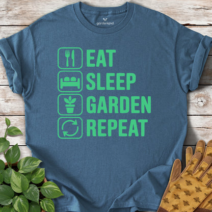 Eat. Sleep. Garden. Repeat. Tee, Indigo Blue