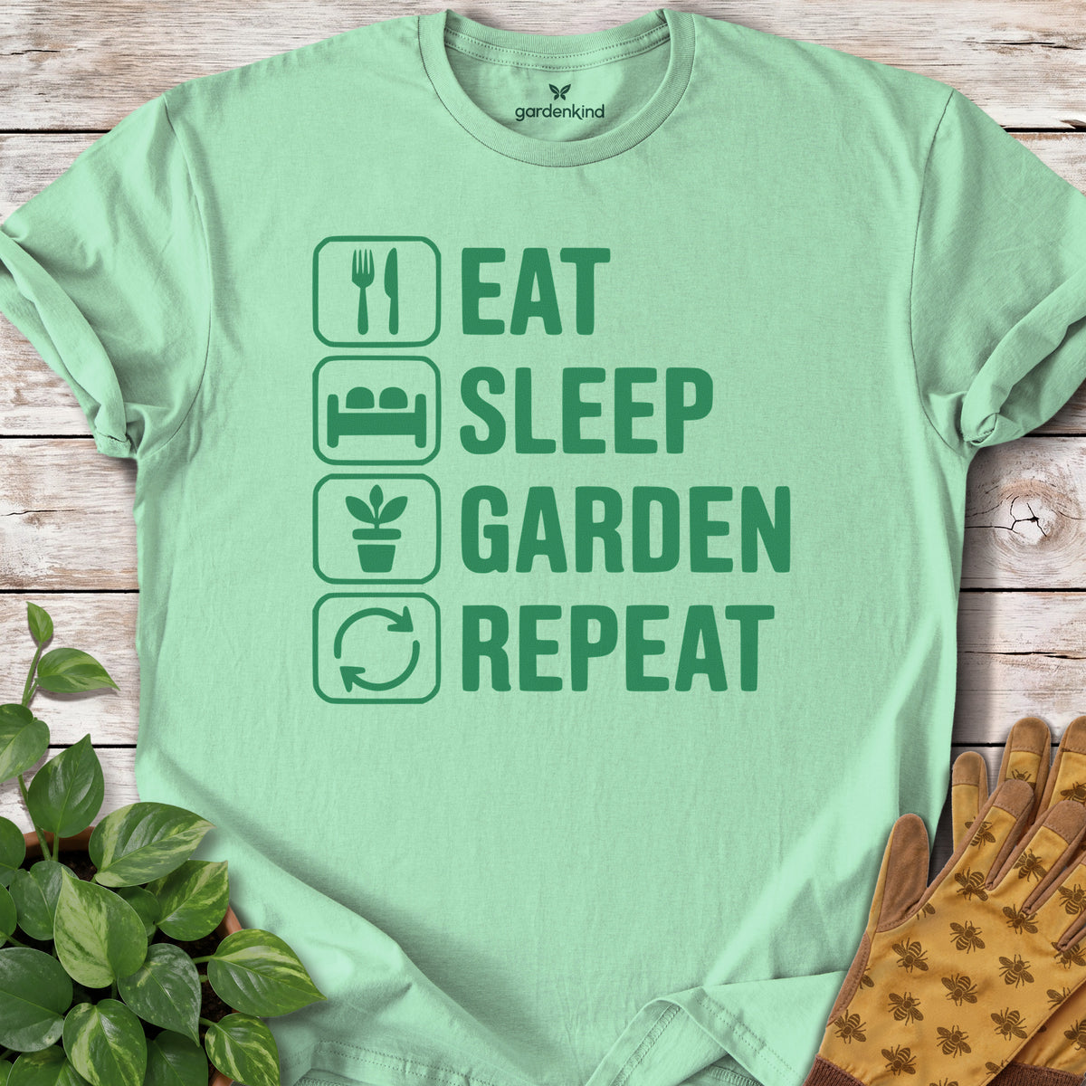 Eat. Sleep. Garden. Repeat. Tee, Mint Green