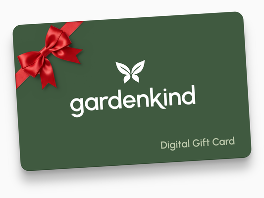 Gardenkind digital gift card, green with white logo and a red bow