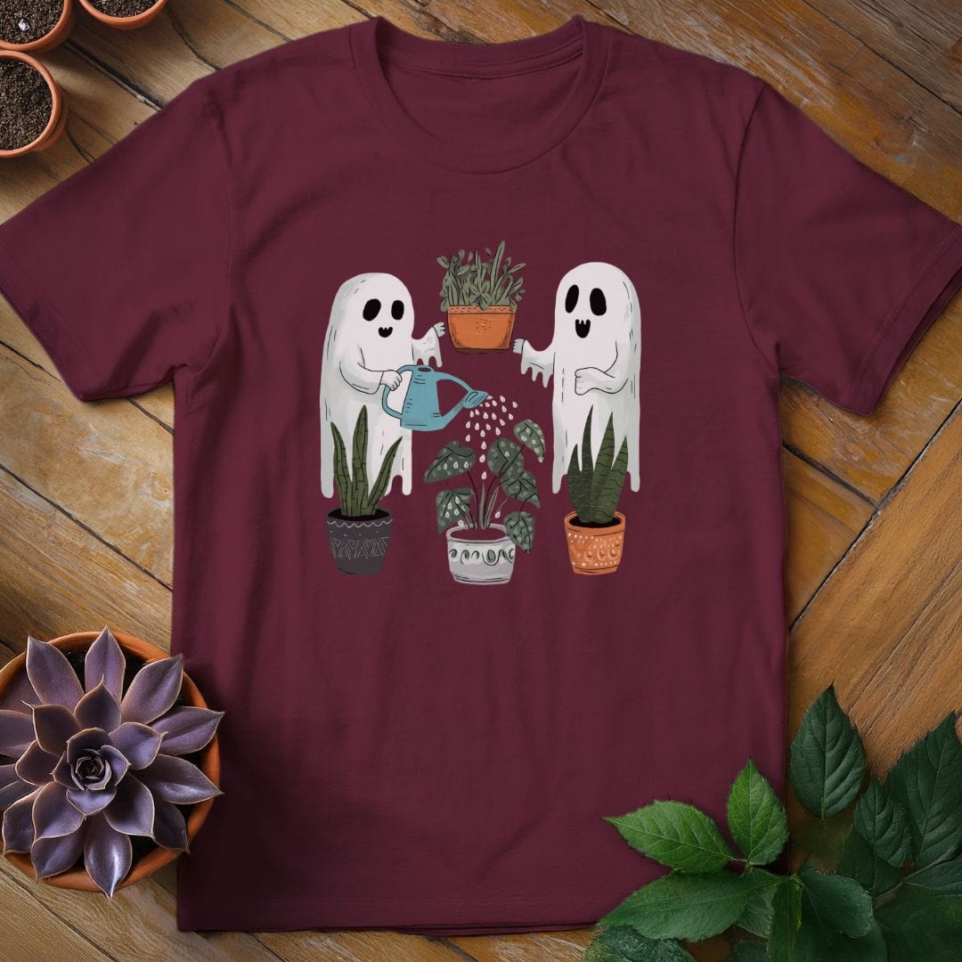 Ghosts Watering Plants Tee T-Shirt Maroon / S