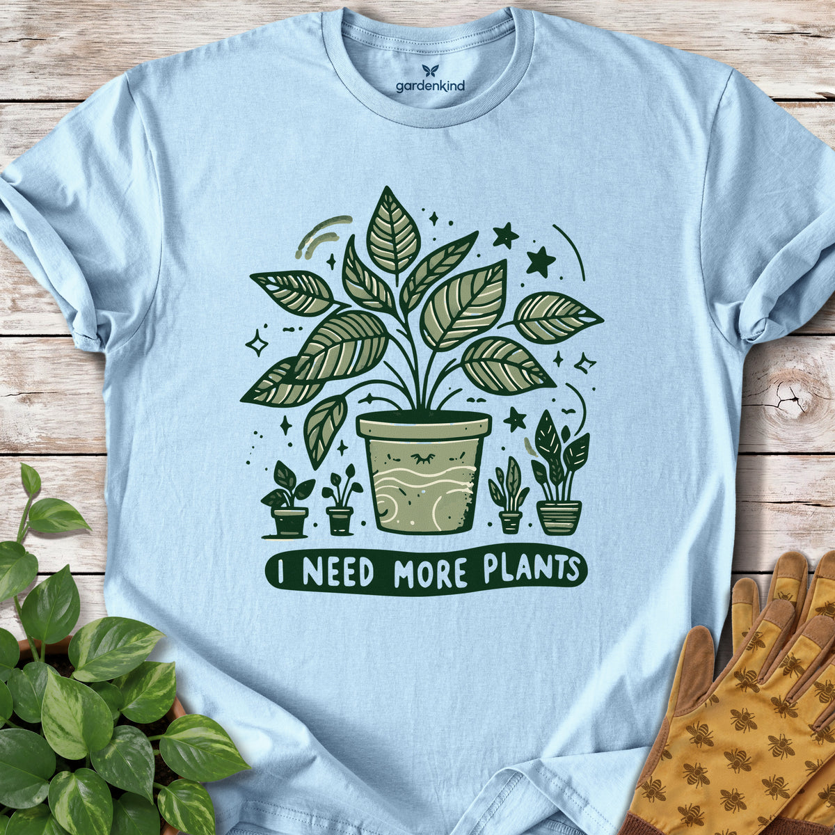 I Need More Plants Tee, Light Blue