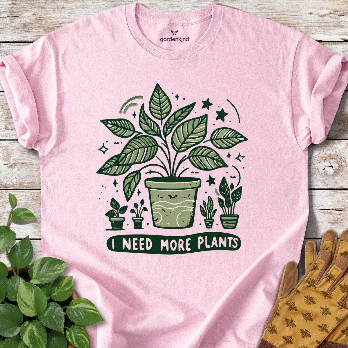 I Need More Plants Tee, Light Pink