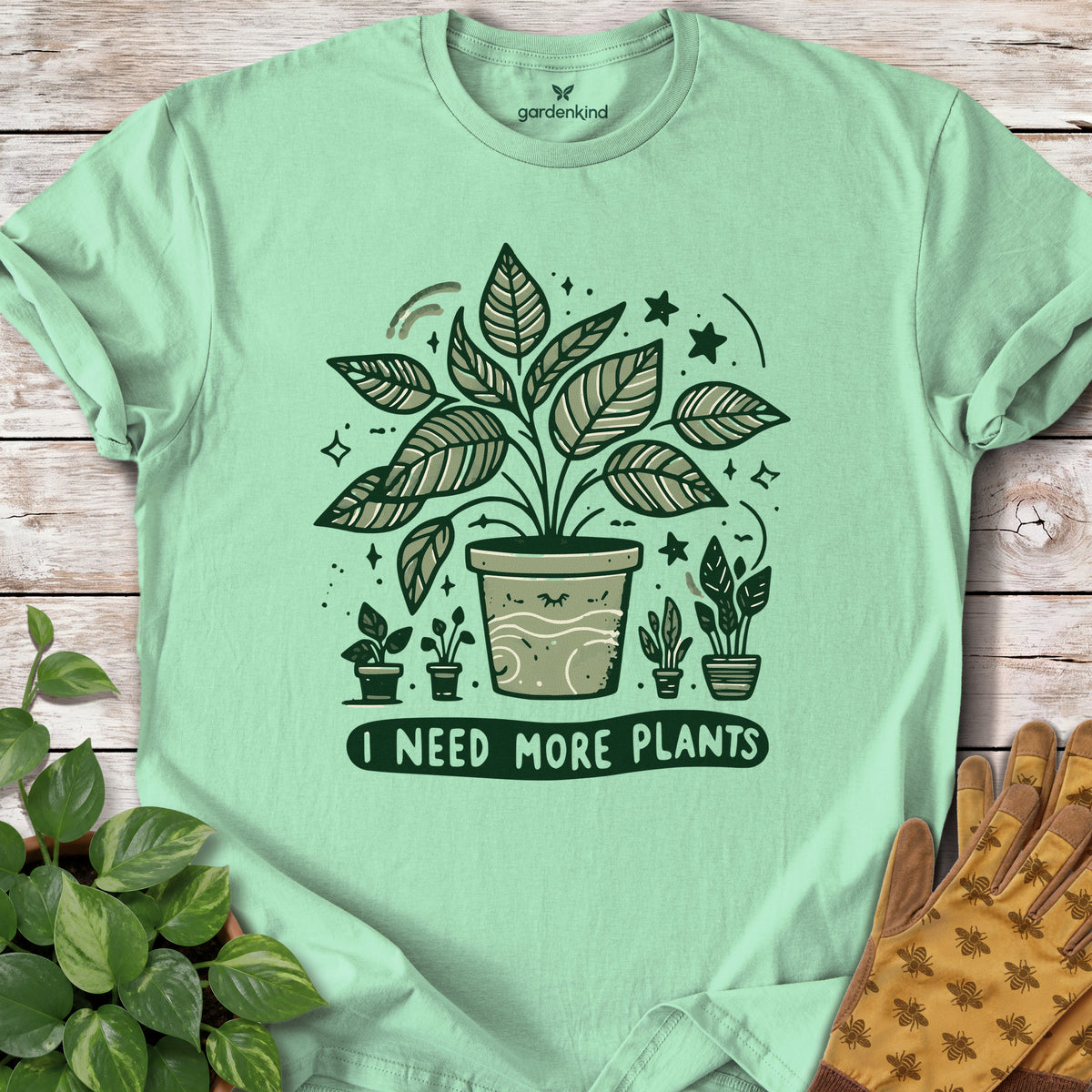 I Need More Plants Tee, Mint Green