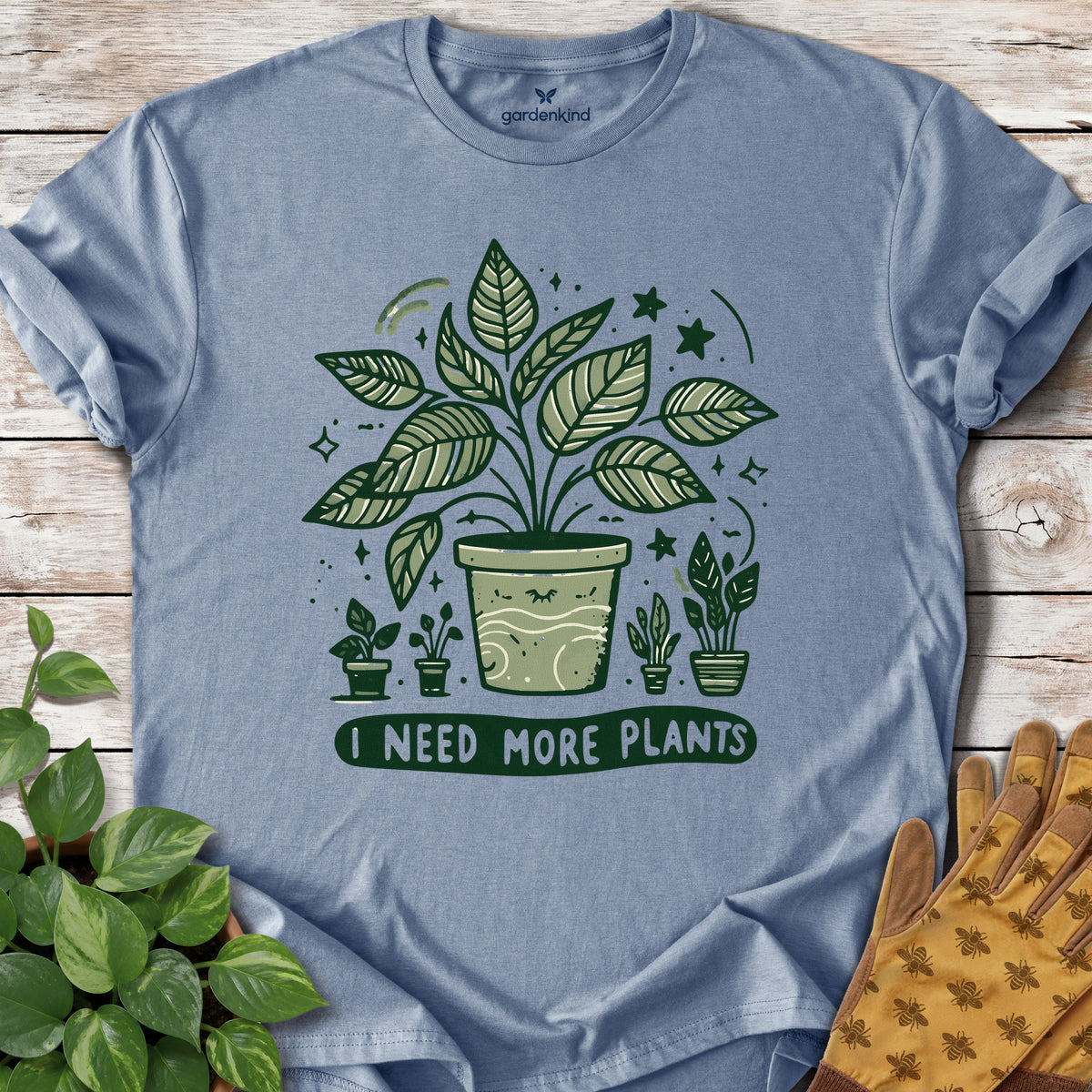 I Need More Plants Tee, Stone Blue