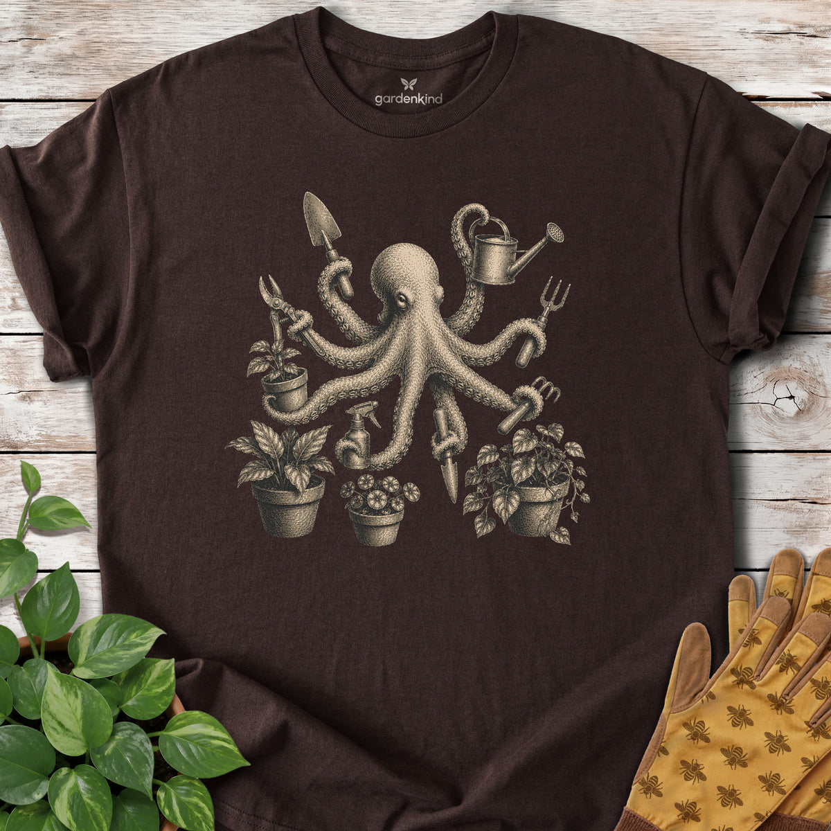 Octopus Gardener Tee, Dark Chocolate