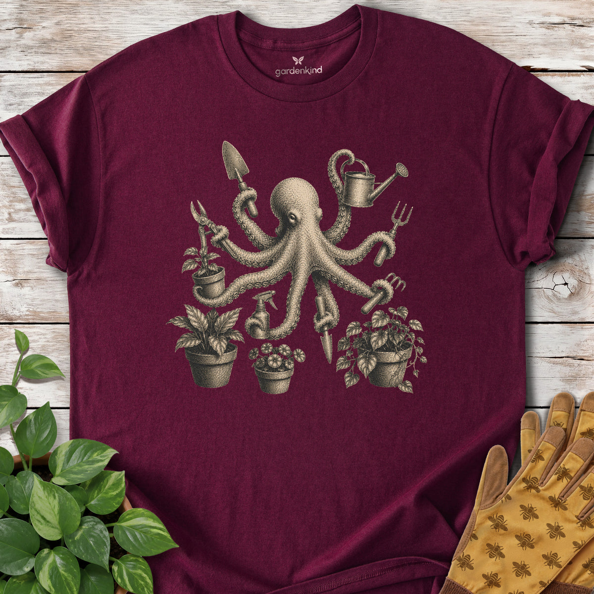 Octopus Gardener Tee, Maroon