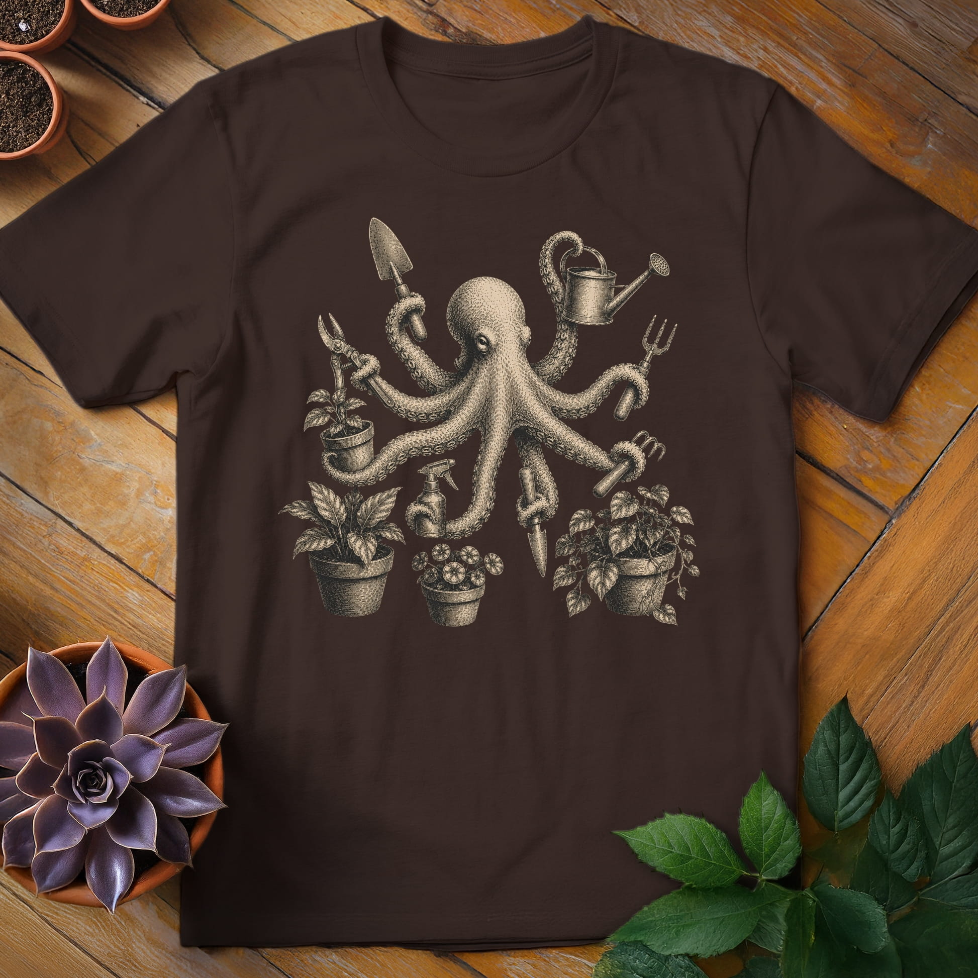 Octopus Gardener Tee T-Shirt Dark Chocolate / S