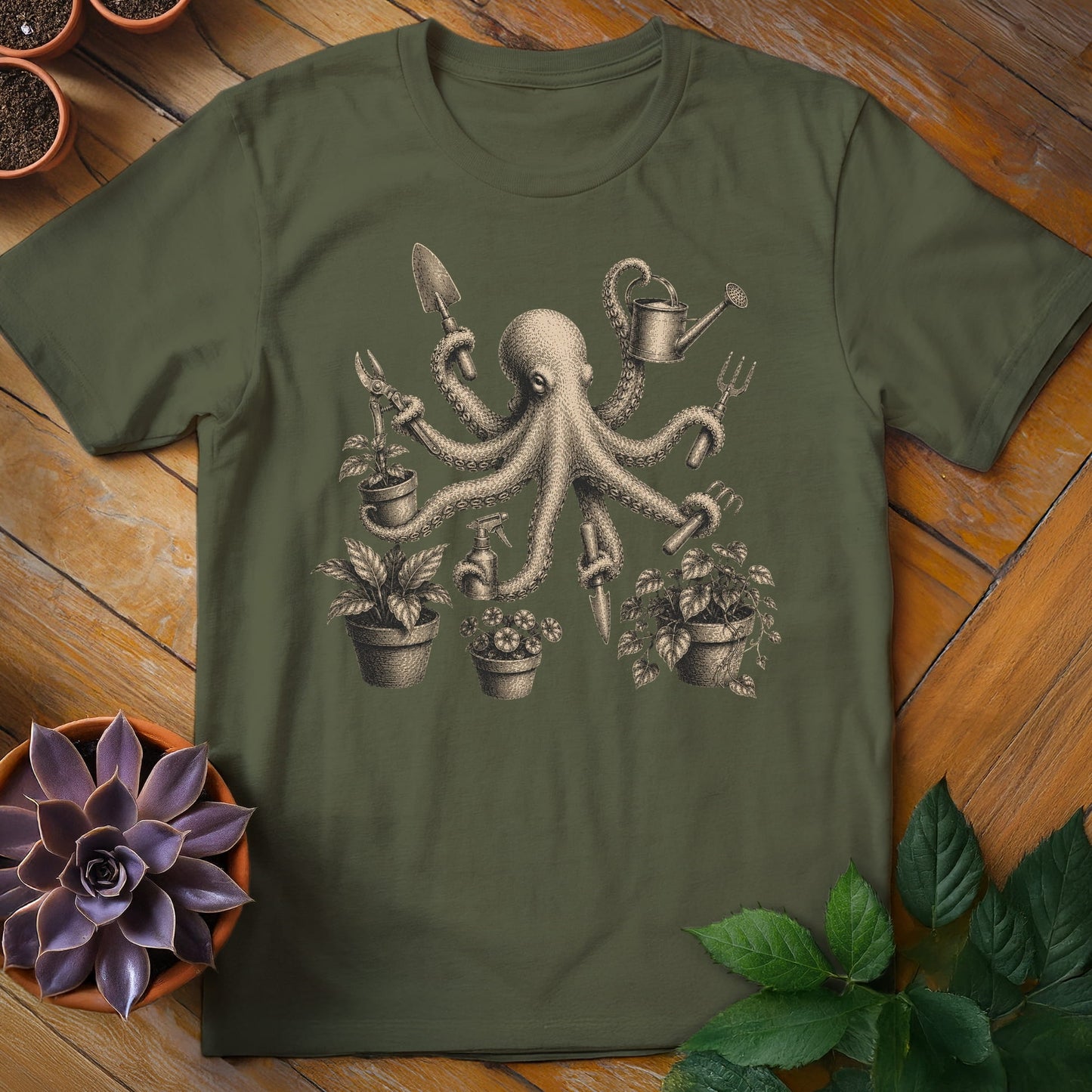 Octopus Gardener Tee T-Shirt Military Green / S