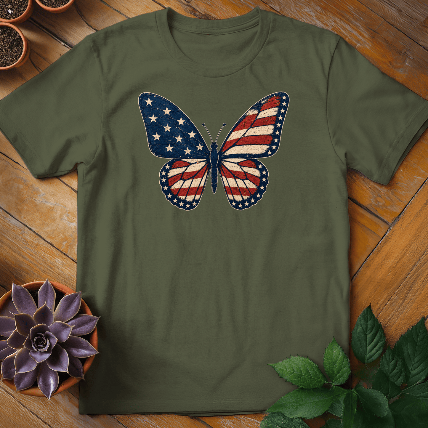 Patriotic Butterfly Tee T-Shirt Military Green / S