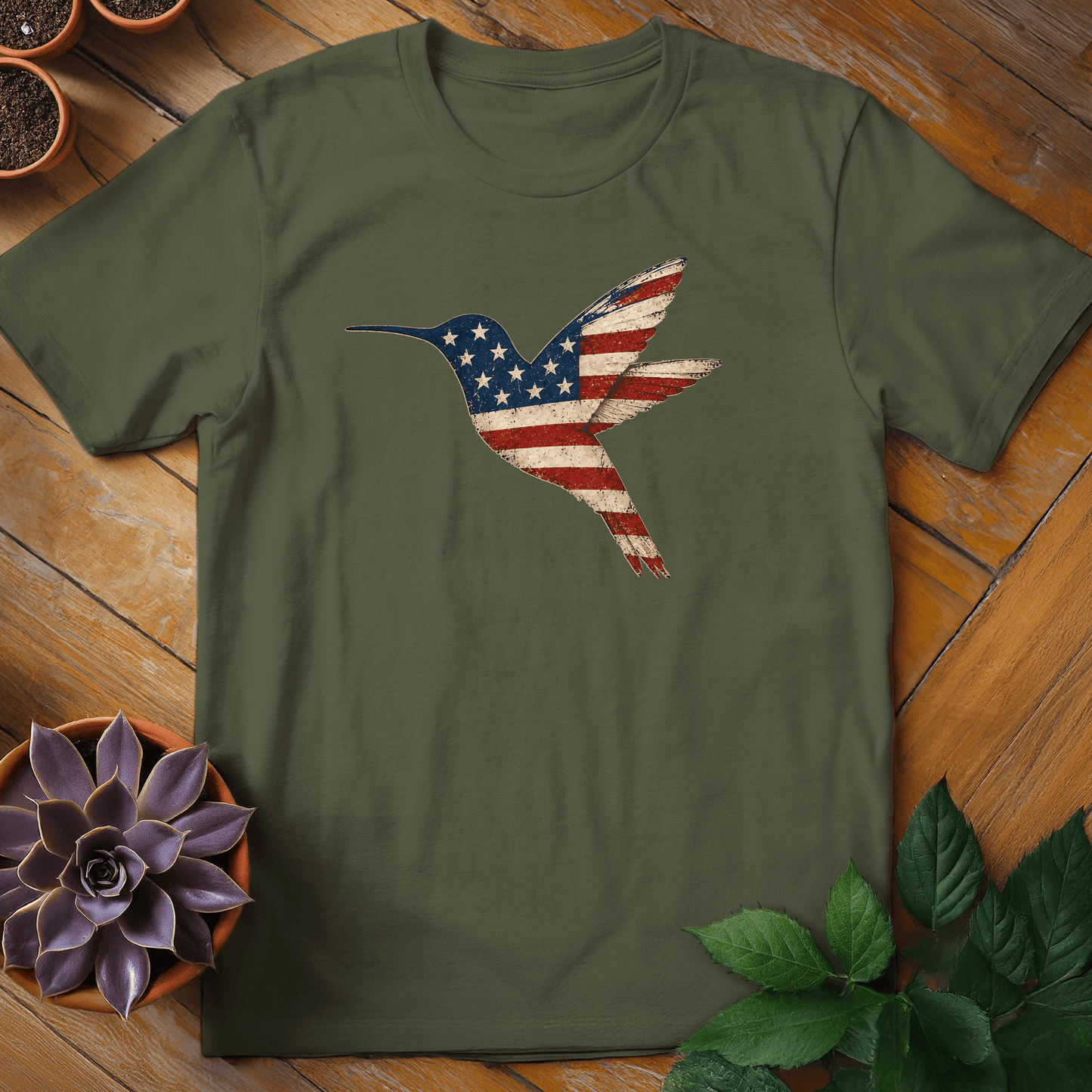 Patriotic Hummingbird Tee T-Shirt Military Green / S