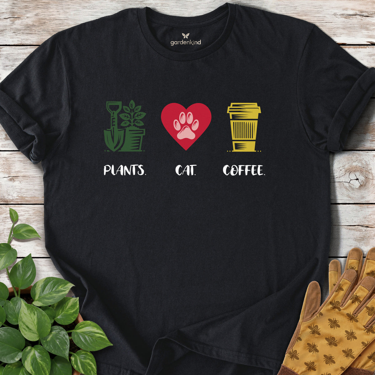 Plants. Cat. Coffee. Tee, Black