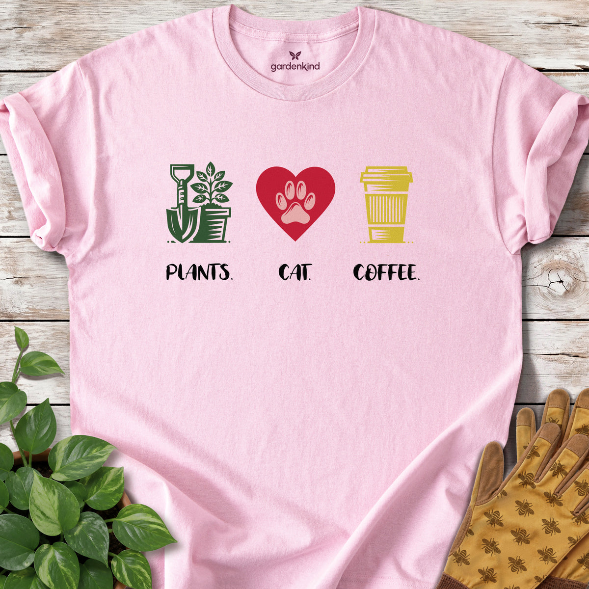 Plants. Cat. Coffee. Tee, Light Pink