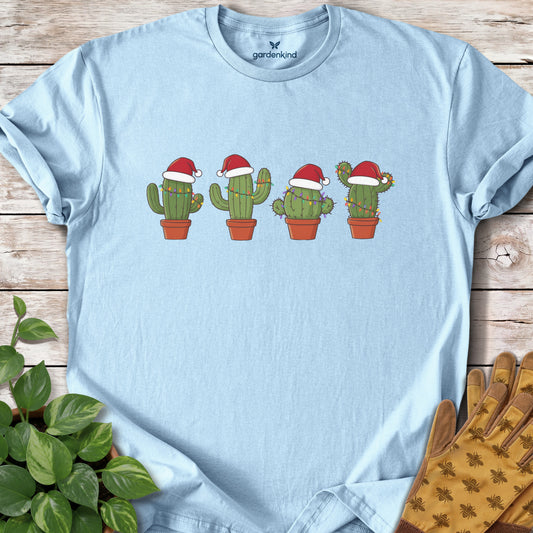 Santa Hat Cacti Tee, Light Blue