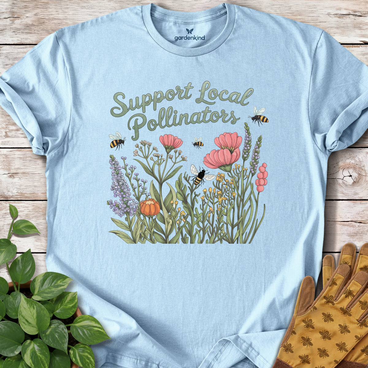 Support Pollinators Tee, Light Blue