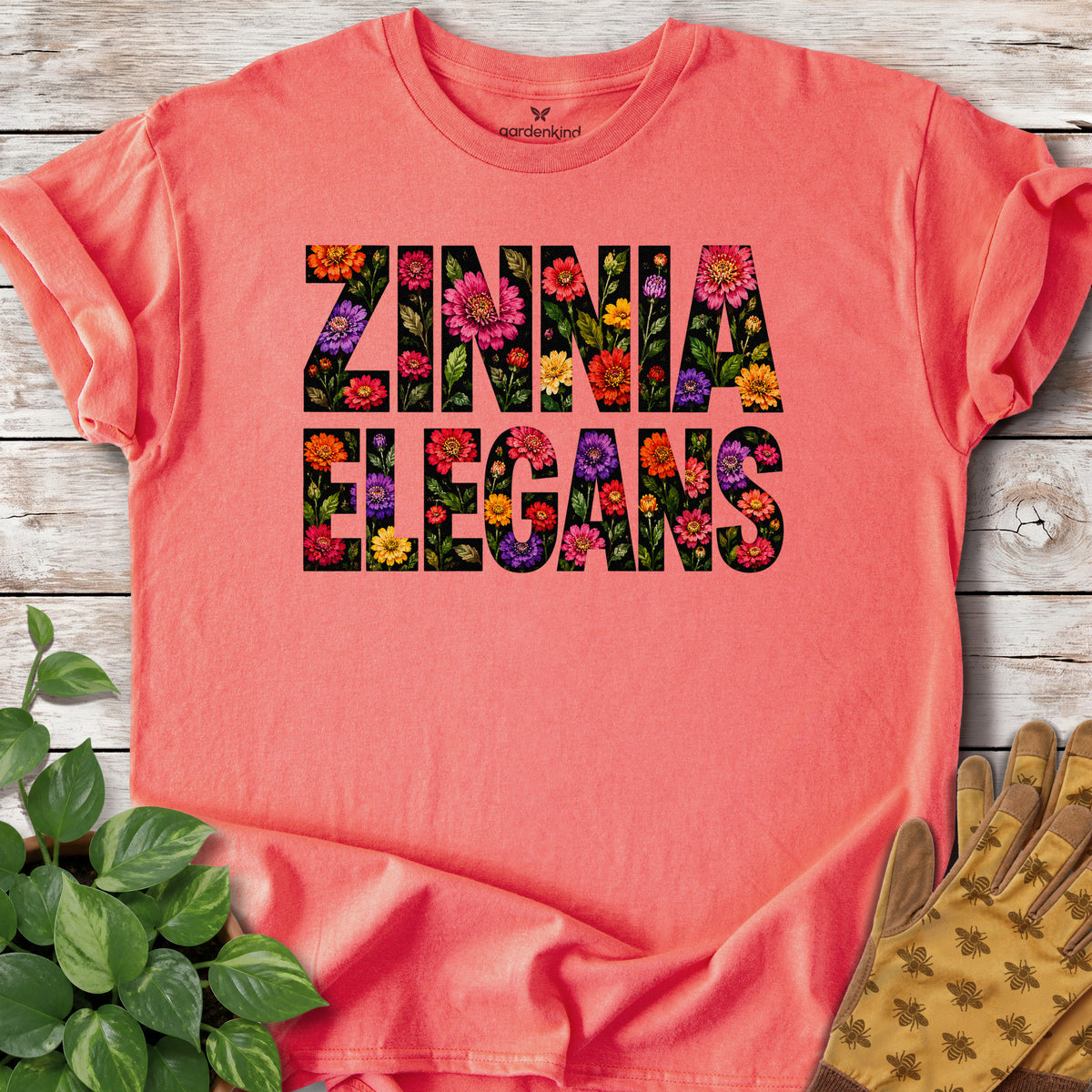 Zinnia Elegans Text Tee, Coral Silk