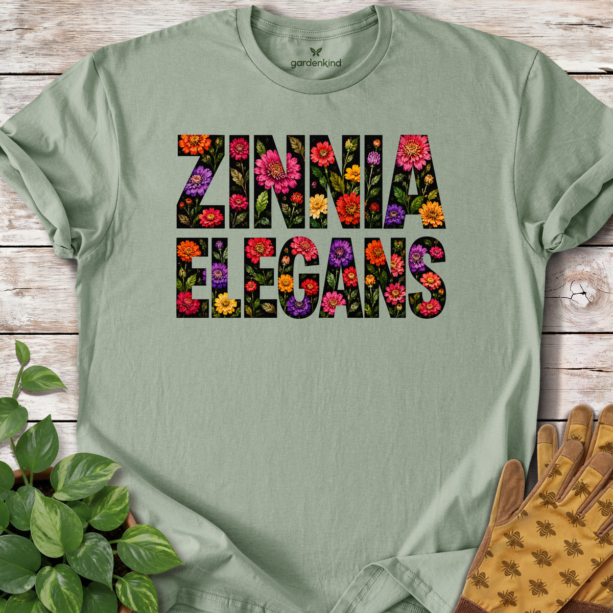 Zinnia Elegans Text Tee, Sage